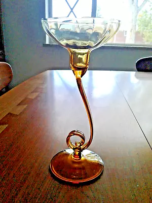 Art Glass Candle Holder Unique Amber Colored Mid Century Modern Design • $24