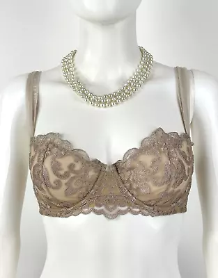 La Perla Auth 32 US 1 IT Beige D Cup Semi Sheer Lace Overlay Bra Adjustable • $47