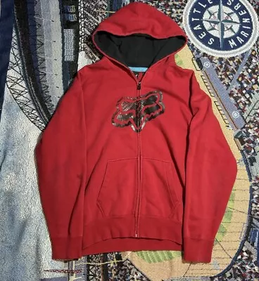 Fox Racing Mens Big Logo Hoodie XXL Sweatshirt Red Vintage Moto Y2K Full Zip • $35