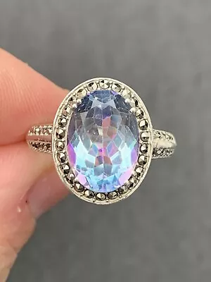 Silver Mystic Topaz & Marcasite Large Cluster Ring 925 • £5.50