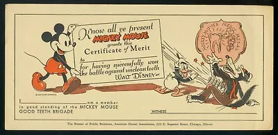 1938 MICKEY MOUSE GOOD TEETH BRIGADE CERTIFICATE OF MERIT Unused Near Mint • $79.99