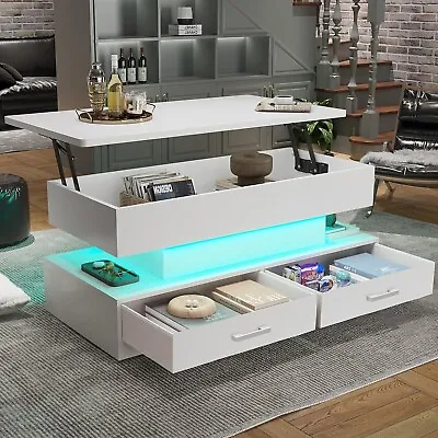 40  Lift Top Coffee Table With 2 Fabric Drawers&LED Light For Living Room White • $135.97