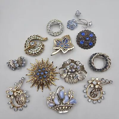 Blue Rhinestone Brooch Lot (12) Vintage Gold Tone Silver Tone Unsigned MCM • $99.99