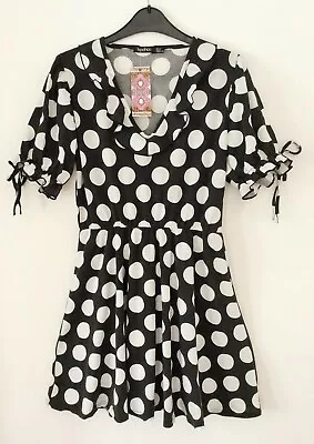 £9.95 • Buy Womens Boohoo Tea Dress Size 10 Black White Polka Dot Tie Sleeve Stretch VNeck  