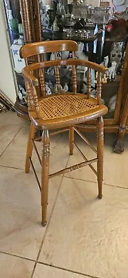 Antique Oak Bow Back Cane Seat Child's Booster Chair With Arms New England Dolls • $150