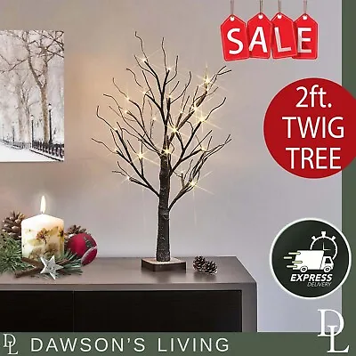 £19.99 • Buy 2ft Christmas Twig Tree Mini Table Top Small Indoor 24 Pre-Lit LED's Brown Snowy