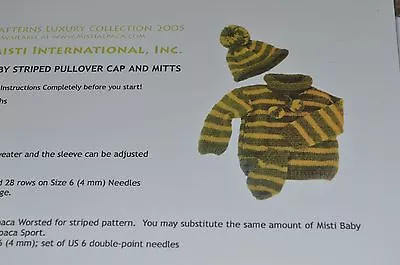 Misti Alpaca Knitting Pattern Baby Striped Pullover Cap & Mitts 6 Mos • $2.50