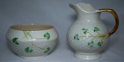 Vintage Belleek Shamrock Creamer And Sugar Bowl 7th Gold Mark 1980-93 • $35