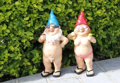 Pair Of Nude Drinking Gnomes Male And Female Nudist Naughty Ornaments Bnib • $56.50