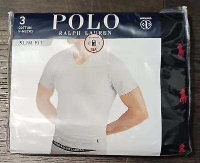 Size Large 3 Cotton V-Necks Polo Ralph Lauren Black With Red Pony New In Package • $42.50