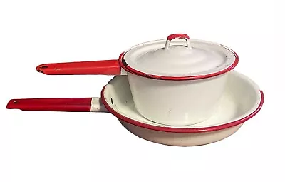 Red And White Enamel Pot Pan With Lid  3 Pieces Vintage • $18.40