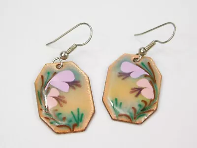 Vintage Copper Enamel Floral Design Drop Pierced Earrings 1 7/8  • $34.99