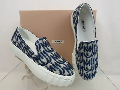 Nib Miu Miu Prada 5s483d Beige Blue Jacquard Logo Slip On Loafer Sneakers 38 • $285