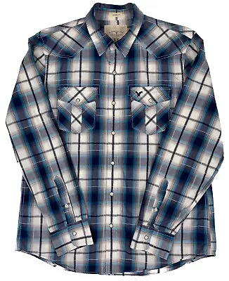 American Eagle Western Pearl Snap Shirt Vintage Fit Plaid Long Sleeve Mens L • $21.99