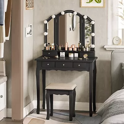 Makeup Vanity Desk Stool Set With LED Lights & Mirror Dressing Table 5 Drawers • $155.89