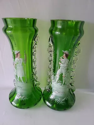 Pair Emerald Green Mary Gregory Style Applied Glass Handpainted Victorian Vases • $149