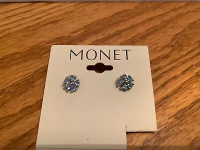 Beautiful Monet Vintage Silver Tone Blue Crystal Flower Pierced Earrings • $13