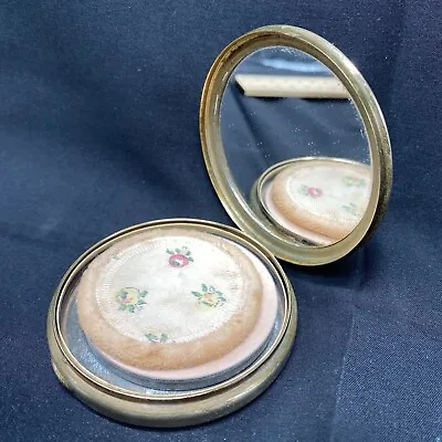 Vintage Etched  Brass Compact Mirror Avon Translucent Powder With Floral Puff • $46