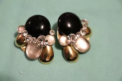 Vintage Hand Made Hand Signed DM Earrings Black Gold Rhinestones Clip ON • $9.50