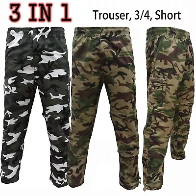 Mens 3 IN 1 Camouflage Combat Trousers Cargo Pants Shorts 3/4 Zip Off  S-XXL • £10.99