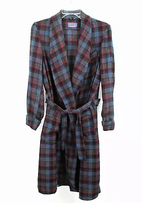 VINTAGE PENDLETON Belted Robe Men Small Blue Plaid 100% Virgin Wool Pockets • $59.98