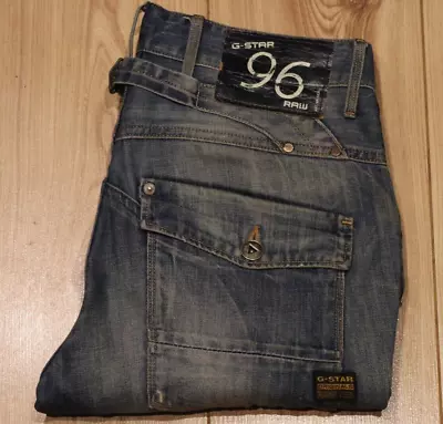 G-Star Raw 96 Blue & Yellow Stitch Heritage Embro Jeans Size 32 Leg 32 • £29.99