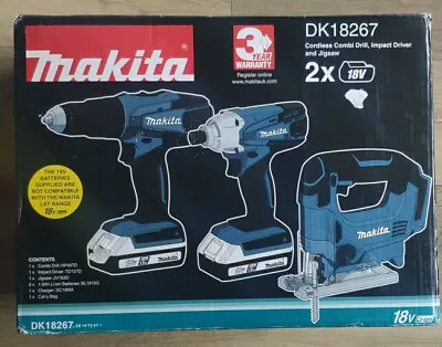 Makita  HP457DCombi Drill & TD127D Impact Driver JV183D Jigsaw DK18267 • £149.99