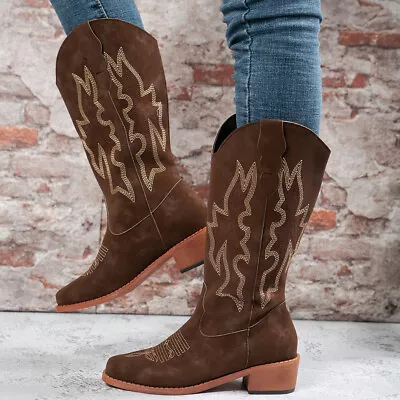 Womens Cowgirl Cowboy Boots Mid Wide Calf Block Low Heel Western Shoes Size 4-10 • $43.63