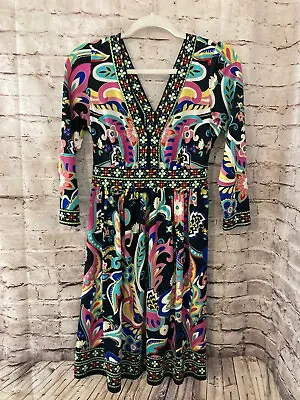 Eci Dress Womens Medium Fit & Flare Multicolor Floral V Neck Long Sleeve Stretch • $18.99