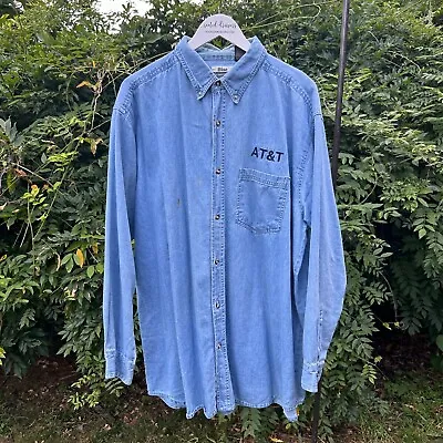 Vintage AT&T Shirt Button Down Blue Chambray Casual Cotton Blue Generation 90s • $16.99