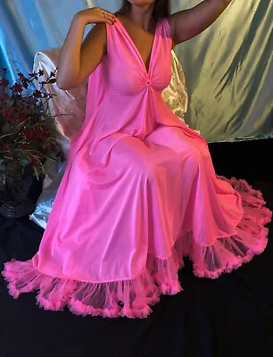 Vtg Sheer Ruffled Hot Pink Sweep Lucie  Ann Nightgown Hollywood 40 • $199