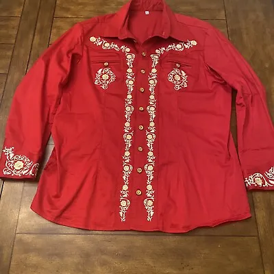 Mexican Western Shirt Men Large Red Camisa Charro By Pink Horses A5 • $65.99