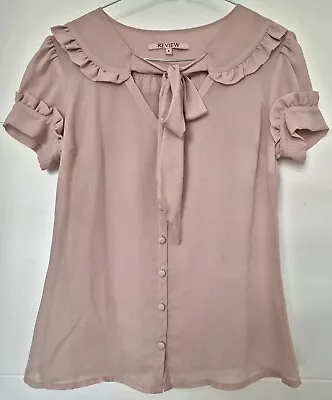 Review Blush Short Sleeve Ruffled Blouse With Tie Detail Around Neckline Size 6 • $8