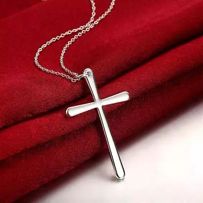 Women's 925 Sterling Silver Cross Pendant 18  Rolo Link Chain Necklace • $9.99