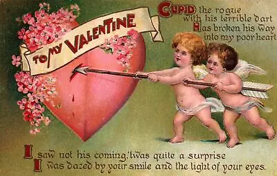 CUPIDS PIERCE HEART WITH ARROW On Beautiful Vintage Unused VALENTINE Postcard • $4.79