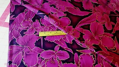 Vintage Hawaiian Floral Fabric Cotton Magenta Purple Gold Metallic 2 Yards X 36  • $58