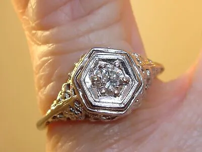 Art Nouveau 18kt Gold Filigree W/approx. 1/5 Ctw Mine Cut Diamond Ring! Sz 6.5 • $299.95