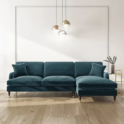 Blue Velvet L Shaped Sofa 3 Seater Right Hand Facing Saddle Arms Traditional • £899.92