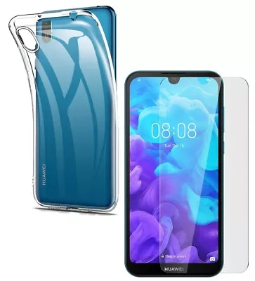 For HUAWEI Y5 2019 TEMPERED GLASS SCREEN PROTECTOR + CLEAR SILICONE TPU GEL CASE • £5.45