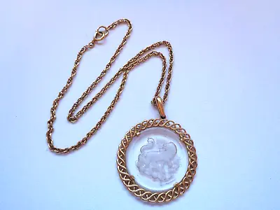 Vintage Signed Trifari Gold Tone Intaglio Zodiac Leo Lion Pendant Chain Necklace • $21