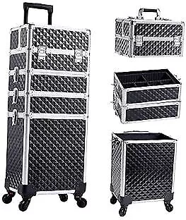  4 In 1 Rolling Makeup Case Cosmetic Train Case Trolley Roll Travel Box Black • $141.27