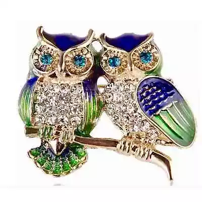Jeweled Owl Pair On Branch Enamel Brooch Green Eyes Blue & Green With Gold Tone • $45