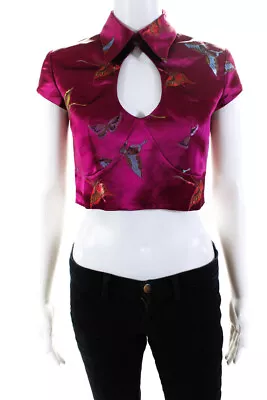 Kim Shul Women's Silk Blend Butterfly Print Short Sleeve Crop Top Purple Size M • $112.81