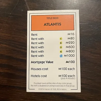 SpongeBob SquarePants Monopoly Replacement Property Deed Card Atlantis • $8.88