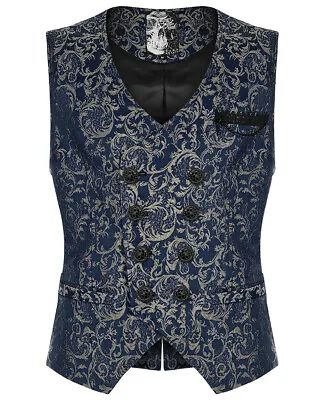 Punk Rave Mens Dark Gothic Aristocrat Chained Waistcoat Vest - Blue Jacquard • £69.99