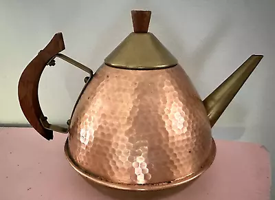 Hammered Copper & Brass Tea Kettle Watering Can Vintage Wood Handle • $22