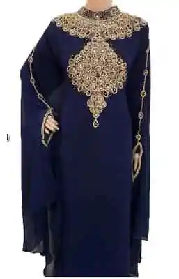 Blue Wedding Dubai Long Farasha Kaftan Georgette  Moroccan Abaya Ramzan Dress • $50.25