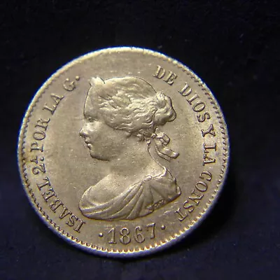 1867 SPAIN 4 Escudos ISABEL II GOLD - Nice AU (Scarce Type) • $599.95