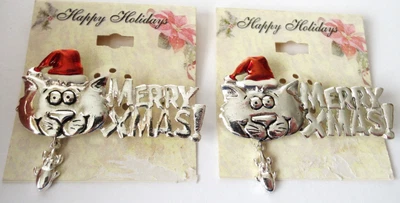 $5 • Buy 2 Vintage Silver Tone Christmas Cat & Mouse Pin/Brooches