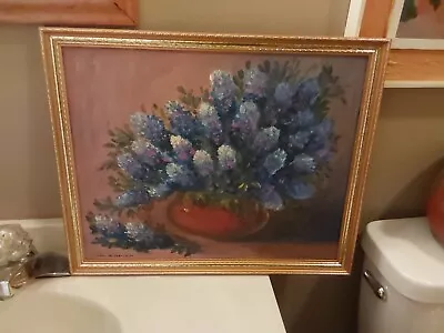 Vintage Floral LILACS/ HYDRANGEAS Oil Painting Signed Framed 21.75  X 17.75  GC • $39.99